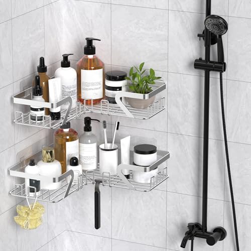 Kegii Shower Caddy Corner with Soap Holder, 2 Pack Stainless Steel Shampoo Organizer, No Drilling Adhesive Corner Shower Shelf Bathroom Organizer for Bathroom, Silver