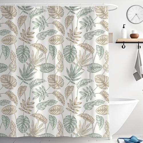 WYRCFS Cortina de ducha de 180 x 200 cm, con diseño de hojas verdes, antimoho, resistente al agua, cortinas de baño de tela de poliéster, cortinas de ducha con peso con 12 ganchos