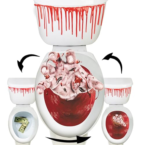 Halloween Toilet Seat Cover 3D Horror Morphing Decal for Halloween Theme Party Home Decor (Zombie Hand&Dollar&Blood)