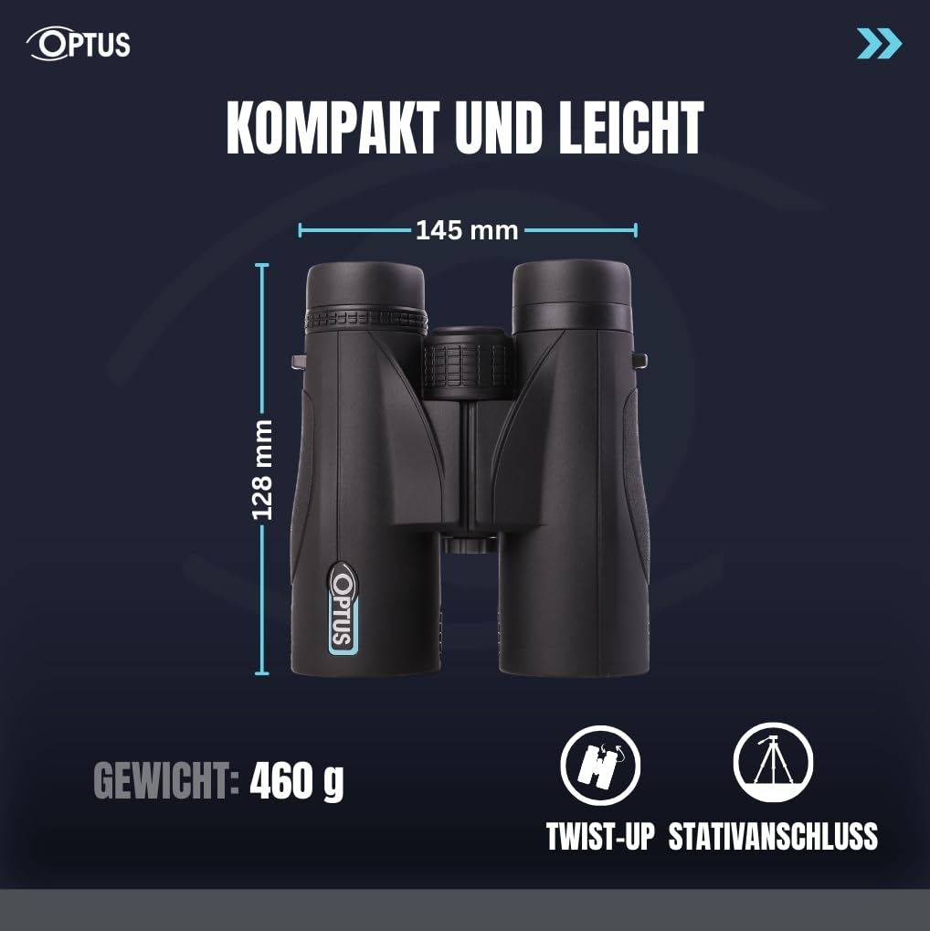 Optus Fernglas 10x42 mit Dachkantprismen, 10x Vergrößerung, mehrfach vergütete Optik, für Brillenträger, Gummiarmierung, Stativanschluss