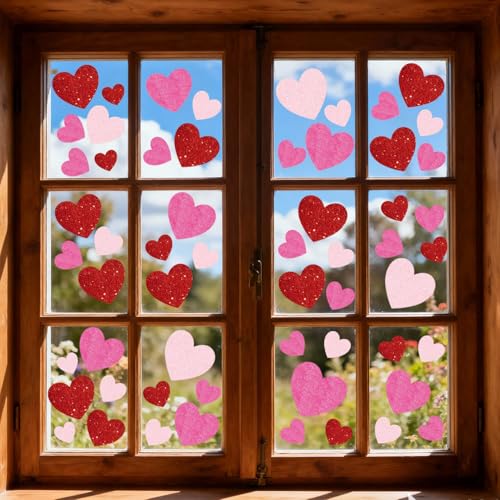 Image of 9 Sheets Valentines Day Window Clings Decorations, Red Heart Decor Stickers | Red Pink Heart Decals for Home, Office, Classroom, Car, Happy Galentine's Day Party, Indoor Cute Romantic Cupid Decor