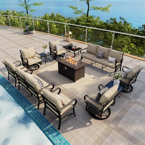 Image of 12-Piece Outdoor Furniture Set, Metal Swivel Rocking Chairs with All-Weather Cushions, Patio Conversation Set with Fire Pit Table for Deck, Porch, Garden, Backyard, Poolside (Beige Cushions)