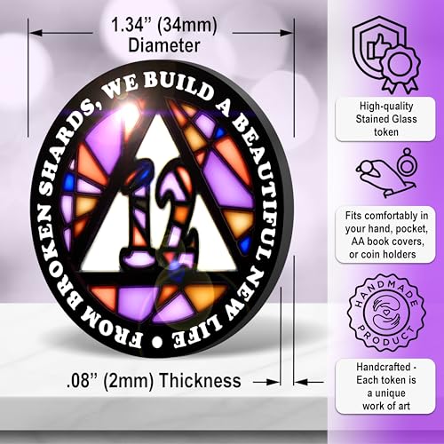 Image of Stained Glass 12 Year AA Chip Sobriety Coin Medallion, Fragments to Freedom Alcoholics Anonymous Addiction Recovery Anniversary Token, Inspirational Sober Gifts for Men and Women by the Token Shop