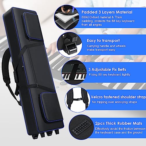 88 Key Keyboard Case with Wheels (54"x14.5"x7") | 88 Key Keyboard Rolling Bag with 3-Pocket | Padded Piano Case Keyboard Gig-Bag with Handles & Adjustable Shoulder Straps