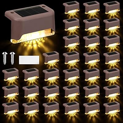 32 Pcs Solar Deck Lights Outdoor, Solar Step Lights Waterproof LED Solar Lights Outdoor Fence Lights for Stairs, Step, Railing, Patio, Driveway, Garden, Pathway and Yard (Brown Shell Warm White Light)