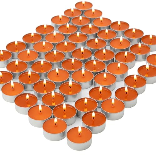 Image of Unscented Tea Light Candles | Soy Wax Blend Long-Lasting with Cotton Wick | Perfect for Home Decor, Parties, Weddings, and More | Set of 100 (Orange)