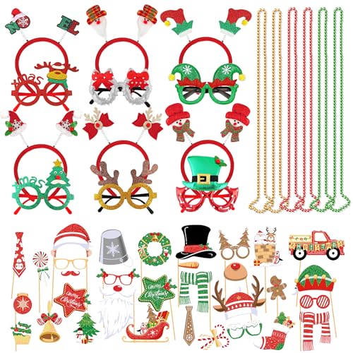 51PCS Christmas Glasses and Holiday Headbands Set Christmas Photo Booth Props Party Decoration Accessories for Xmas Party Supplies Holiday Favors(51)