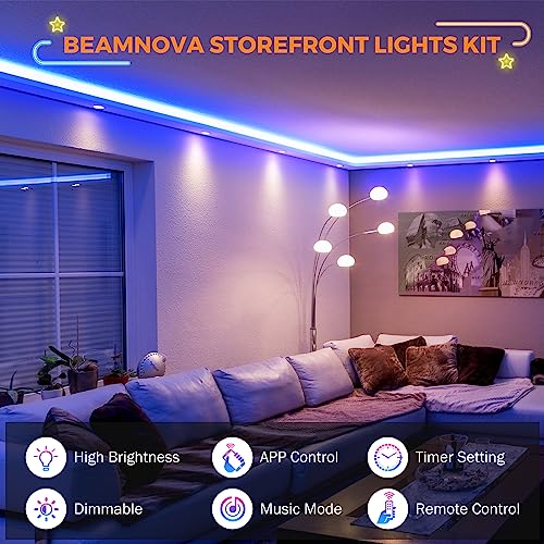 Image of BEAMNOVA 100Ft Blue Commercial Storefront Lights Kit, Remote or Bluetooth App Control, AC 120V to DC 12V 400W Power Supply Transformer, Dimmable Waterproof Window Strip Light Modules