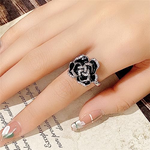 Black Enamel Rose Flower Cubic Zirconia Statement Rings for Women Girls Dainty Crystal Camellia Flowers Engagement Wedding Finger Ring Xmas Jewelry Girlfriend BFF 6