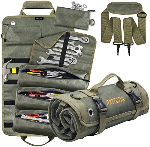 Anttctig Tool Bags, (Upgraded Version) Heavy Duty Roll Up Tool Bag Organizer and Storage with 3 Detachable Tool Pouch+1 Wrench Organizer+2 Small Pockets, Tool Roll with Adjustable Shoulder Strap