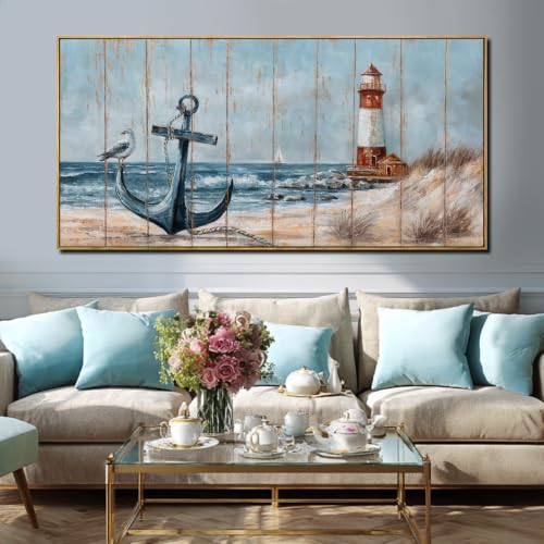 Image of Bird Wall Decor,Beach Wall Art For Living Room, Lighthouse Large Framed Canvas Coastal Pictures Arts for Walls,Blue Poster Prints for Home Office 29 inchx58 inch