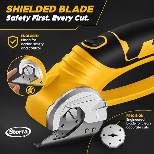 Image of Cordless Electric Scissors, Rechargeable Cardboard Cutter, Rotary Fabric Cutter for Fabric, Carpet, Leather, Plastic & Packaging Materials, Safety Lock, LED Light, USB-C Charging, 75 Min Runtime