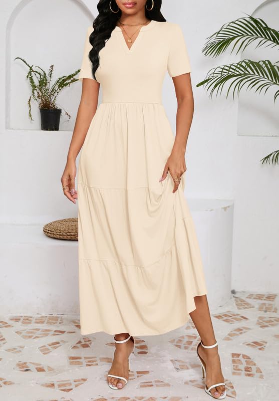 Image of MarryUP Women 2025 Casual Loose Maxi Dress with Pockets V Neck Short Sleeve Tiered Long Summer Beach Swing Dresses