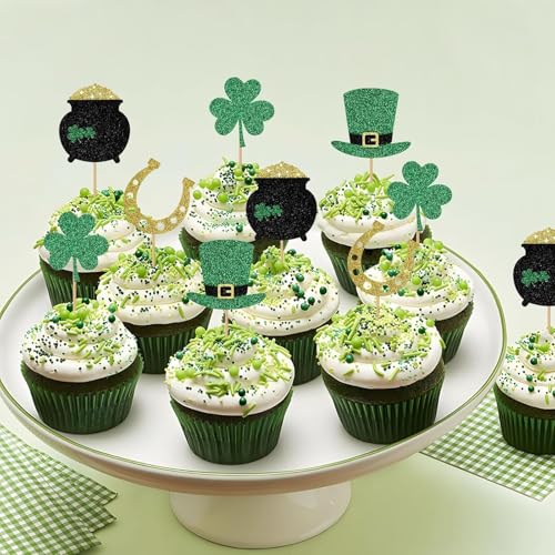 12Pcs St Patrick's Day Cupcake Toppers, Glitter Shamrock Lucky Three Leaf Clover Cupcake Picks Hat Horseshoe Cake Decorations for St Patrick's Day Party Irish Holiday Supplies - Image 4