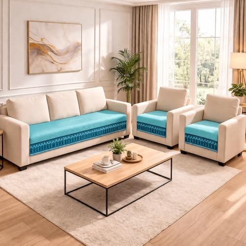 Image of KINGLY Sofa Cover for 2 Seater | Quilted Velvet Seat Cover | Anti-Slip Sofa Mat with Back Elastic | Thick Fabric Sofa Protector | Washable Couch Cover | Mint Blue