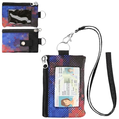 Image of Minimalist RFID Wallet with Lanyard, Multi-functional ID Case with 2 Zipper Pockets and Key Chain for Men and Women, Tactical Badge Pouch Cards Holder, Coin Purse for Travel Sports - Two-Tone