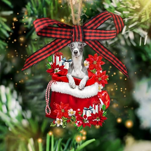 Talataca Whippet - Adorno de Navidad plano de madera 2D, perro Whippet en bolsa de regalo de Papá Noel rojo, decoración de árbol de pino, colgante de casa, recuerdo de víspera, accesorios de espejo de Talataca Whippet - Adorno de Navidad plano de madera 2D, perro Whippet en bolsa de regalo de Papá Noel rojo, decoración de árbol de pino, colgante de casa, recuerdo de víspera, accesorios de espejo de