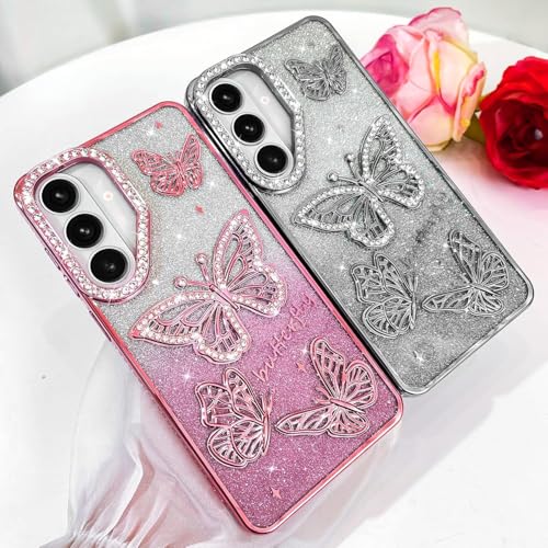 Image of Elzzi Electroplated Butterfly Phone Cover for Samsung S26 Case, Showcasing Pearlescent Diamond Soft TPU, Camera Protection, Shockproof, Dropresistant Stylish for Girls & Women (Grey)