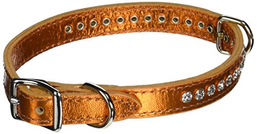 Image of Signature Leather Crystal Dog Collar, Metallic Apricot Solid Grain Leather, Fits 9.5 inch-11.5 inch Neck Size, 14 inch Overall Length