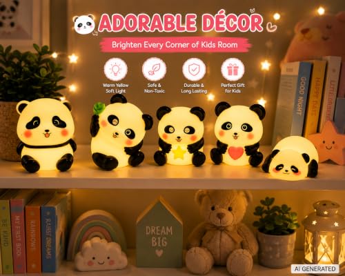 Image of Cubbie Cute Panda Night Light Set, Warm Yellow Glow Decorative Panda Lamps for Kids Room, Bedroom, Study Table, Bedside & Gift Decor, 5 Unique Panda Designs (Cute Pandas 5 PCS Set)