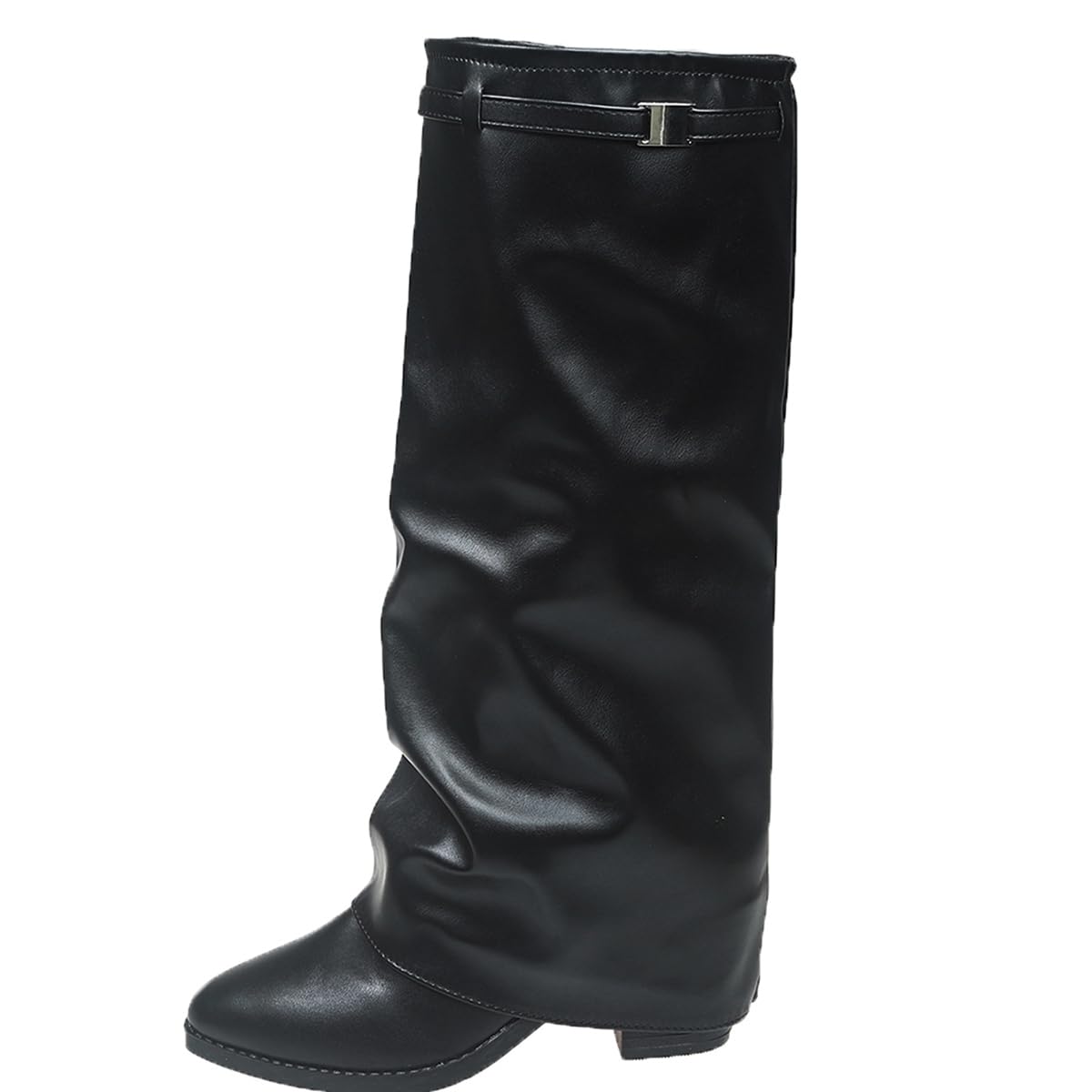 Fold Over Wedge Boots for Women Casual Round Toe Pull On Riding Biker Boots Fold Over Chunky Low