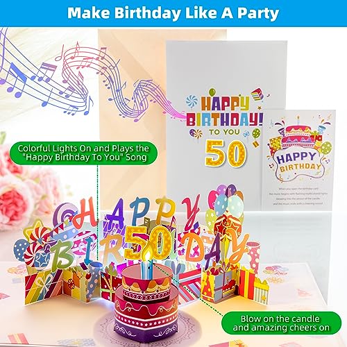 Image of 50th Pop-Up Musical Birthday Card, Blowable LED Candle for Women and Men