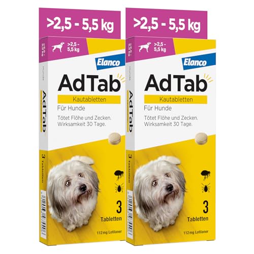 Sparset: Doppelpack AdTab Hunde Zecken- und Flohschutz ( 2,5 bis 5,5 kg), Kautablette tötet Zecken und Flöhe schnell ab und schützt einen Monat lang, leicht zu verabreichen (3 St. pro Packung)