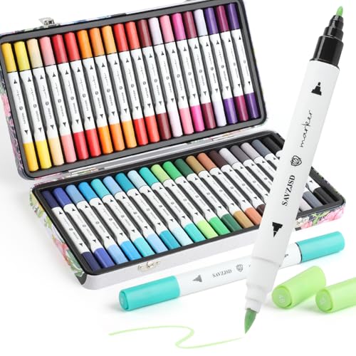 SAVZJSD Alcohol Markers, 40 Colors Alcohol Markers Set with Metal Box for Kids, Adults in Coloring & Painting (Brush & Fine)