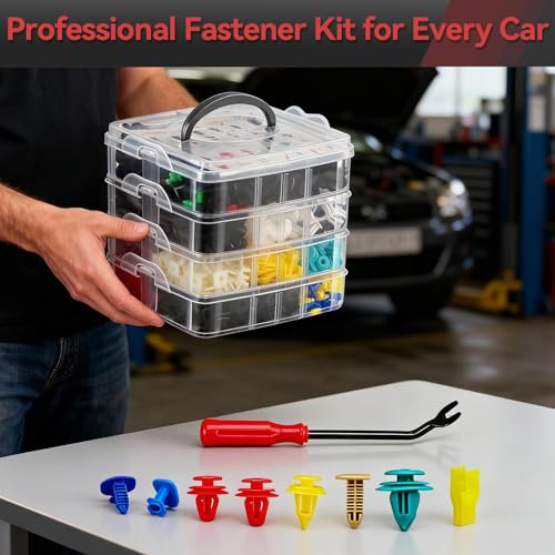 Image of 1240PCS Auto Retainer Clips Kit with Trim Removal Tools and 3-Layer Organizer Box, 32 Sizes Push Rivets Fasteners for Car Bumper, Fender, Door Panel and Interior Repair