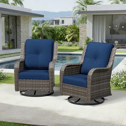 Image of Joyside Swivel Patio Chairs Set of 2, Wicker Patio Furniture with High Back, Deep Seating, Wide Armrest, Thickened Cushions, Outdoor Rattan Furniture for Deck, Porch Use