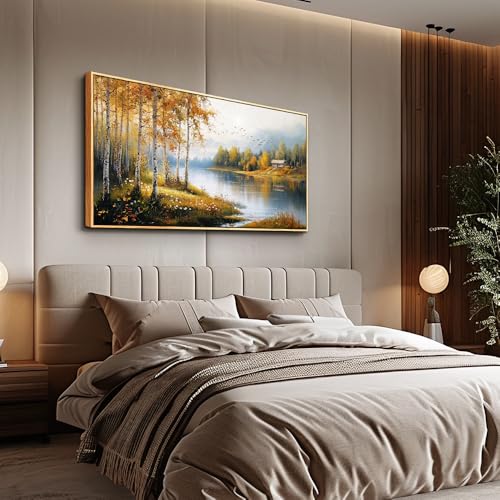 ERQINHUA Large Canvas Wood Framed Wall Art Living Room Wall Decor For Bedroom Forest Landscape Painting Lakeside Watercolour Wall Pictures Artwork Picture Office Farmhouse Home Decorations 24x48 In
