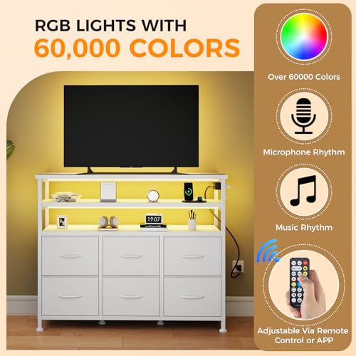 Image of NEWBULIG Dresser TV Stand with 6 Fabric Drawers and 2 Shelves, TV Media Console Table for Up to 45 inch, Entertainment Center with Charging Station for Living Room Bedroom, White