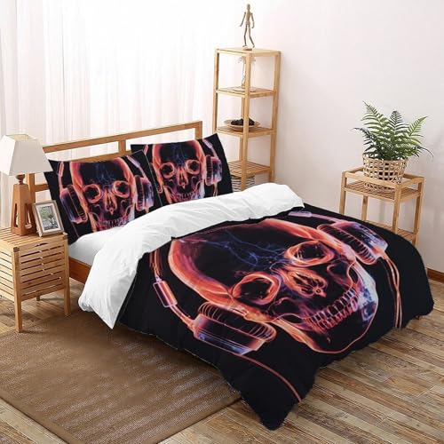 Housse de couette skull rose 200x200 avec 2 taies d'oreiller pour lit double