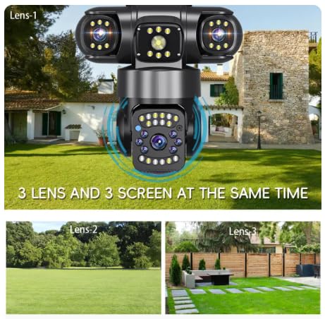 Image of DDLC V380 Pro Smart 3-Lens Outdoor PTZ CCTV Security Camera: 4K Ultra HD Wide Angle with No Blind Spots, AI Human Detection, Full Color Night Vision, Two-Way Audio, IP66 TF Card Storage Support