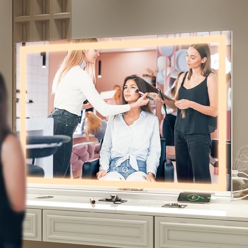 Image of FENNIO Large Vanity Mirror with Lights,35.5 inch x 27 inch LED Makeup Mirror,Hollywood Mirror with 3 Color Modes & Adjustable Brightness,Vanity Mirror Square White