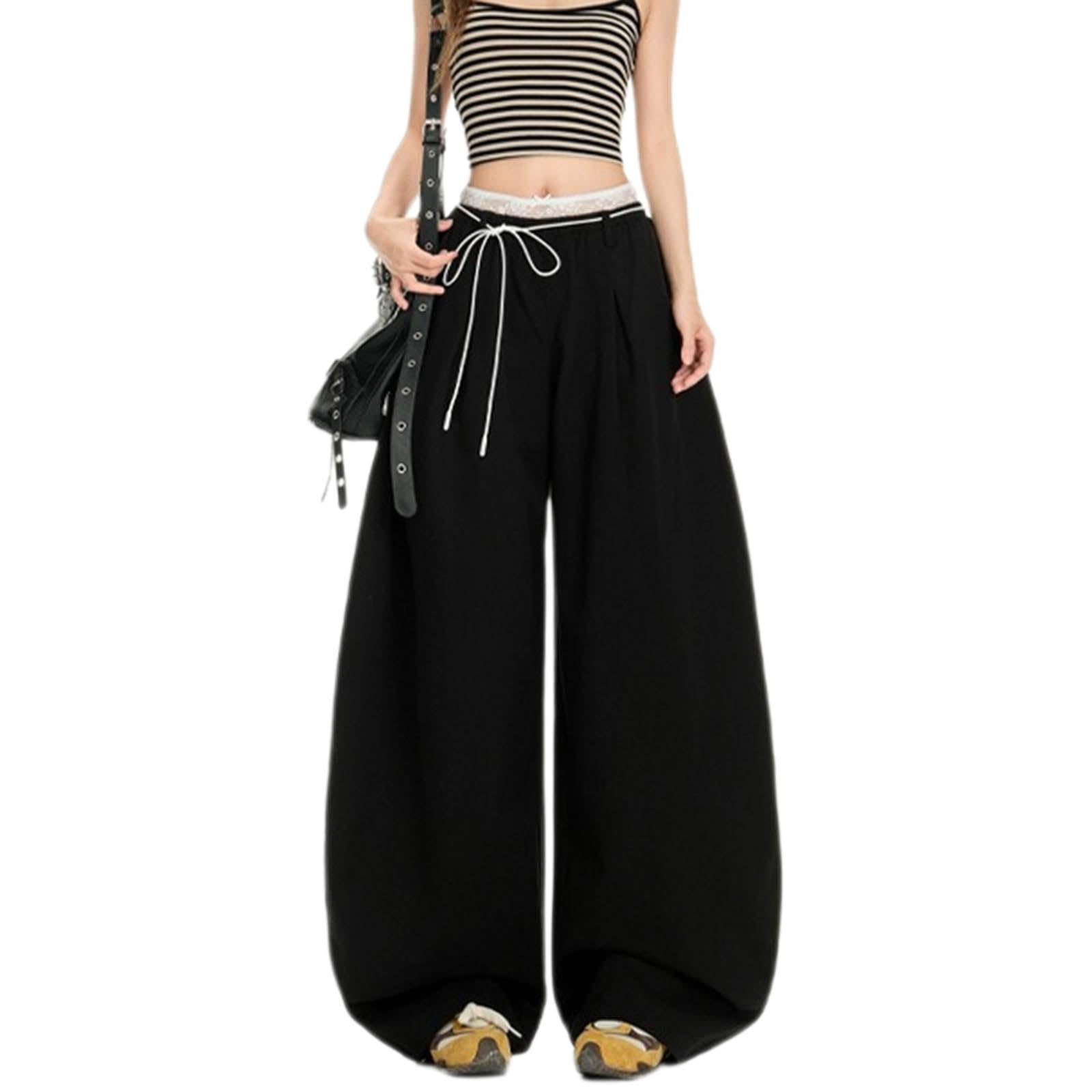 Womens Spicy Casual Curved Pants - lace Patchwork Waistband Loose Wide Legs Full Length Denim Style