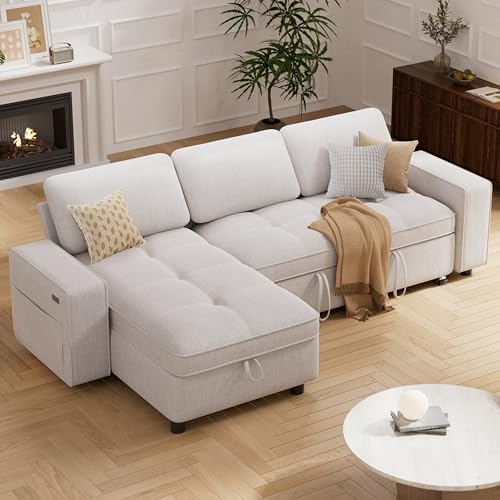 Image of Vipbear 81 inch Modular Sectional Sleeper Sofa with Pull Out Bed, L Shaped Couch with Reclining Backrest, Reversible Storage Chaise, USB Ports, Tool-Free Assembly, Chenille Beige