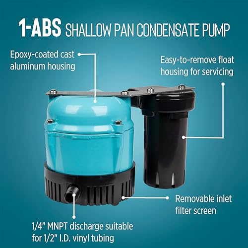 Image of Little Giant 1-ABS 115-volt, 1 /150 HP, 205 GPH Automatic Shallow Pan Condensate Removal Pump for Ceiling Mounted Air Conditioners or Dehumidifiers, with Condensate Collection Tank, Black /Blue, 550522
