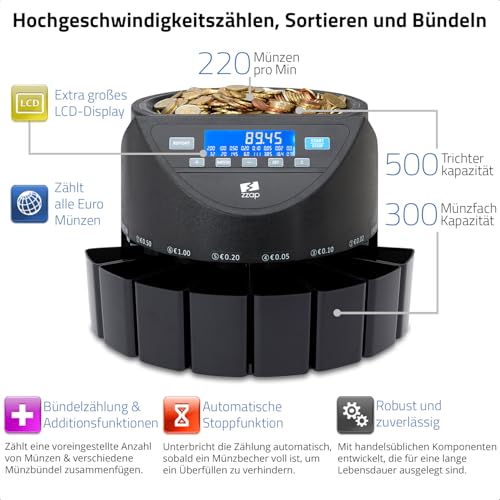 ZZap CS20+ Automatischer EURO Münzzähler & -sortierer - Geldzählmaschine Münzzählautomat Geldzähler