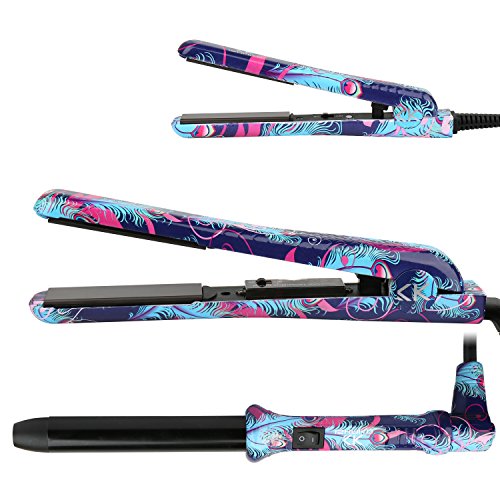 ISHAKO Flat Irons and Curling Iron Set, 3-in-1 Ceramic Hair Straightener for All Hair Types,Styling Tools with Glove, Dual Voltage for Worldwide Use (Blue Peacock)