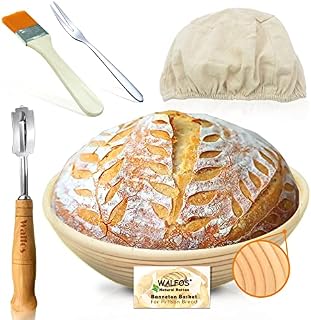 Walfos® okrągły koszyk do pieczenia chleba, 100% naturalny rattan, łącznie z nożem piekarskim, pędzlem, widelcem i pokrowcem lnianym, idealny do domowego i profesjonalnego pieczenia - 23 cm