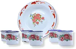 Kit 6 Pratos E 6 Canecas Esmaltados Estampados Alumínio