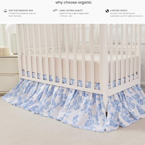 Image of Brandream Organic Cotton Crib Skirt Dust Ruffle, Baby Girl Crib Bed Skirt, 4-Sided, Luxury French Vintage Blue Rose Floral & Bow Cottagecore Toddler Bedskirt Farmhouse Chic Nursery Bedding Skirt