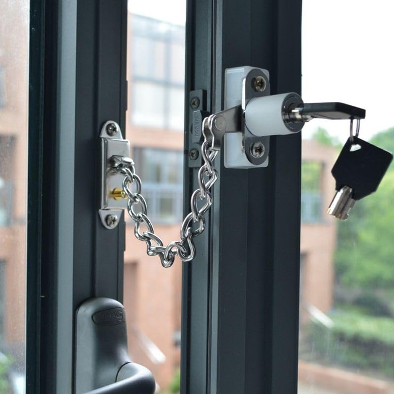 TüRkette Fensterkettenschloss aus Edelstahl mit Schlüssel, Türbegrenzer, Kindersicherung, Sicherheitskettenschloss for Flache, offene Fenster ohne Bohren