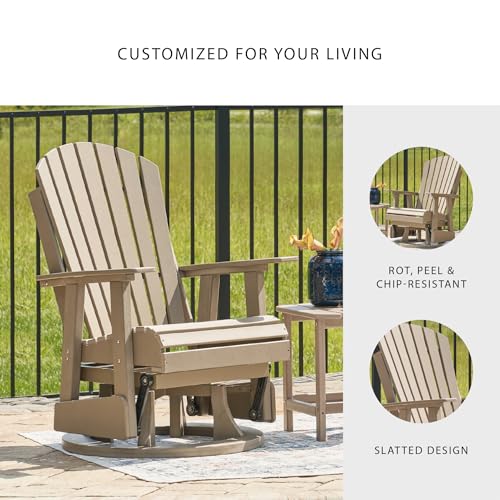Image of Signature Design by Ashley Hyland Wave Contemporary Swivel Glider Adirondack Chair with 360-Degree Swivel, Weather Resistant HDPE, 18 inch Seat Height, Brown