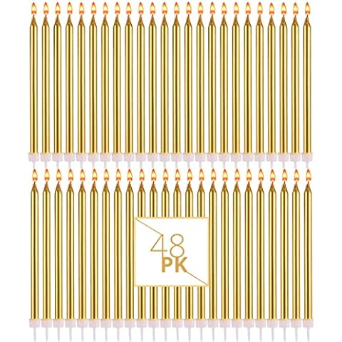 Bundaloo Gold Birthday Candles for Cake - Set of 48 Gold Candles for Birthday Cakes - with Plastic Holders, 5.5" Long, 0.20" Thickness Cover