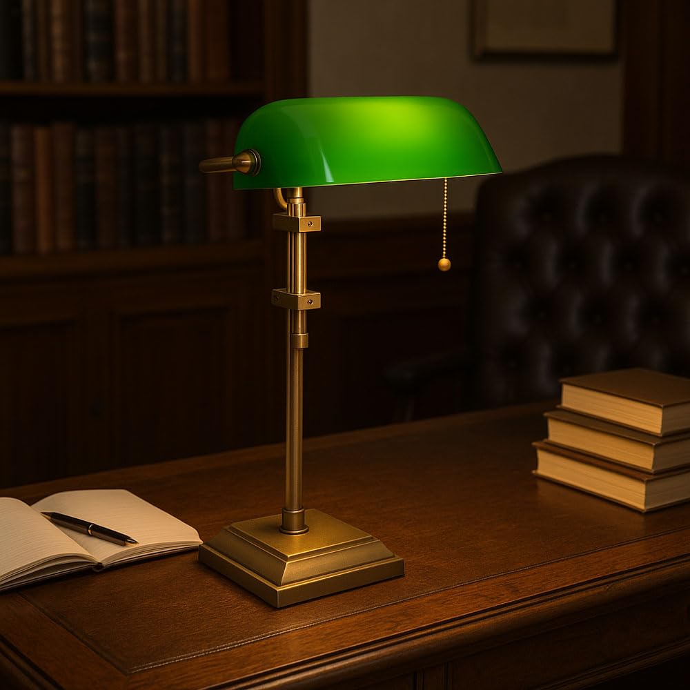 LED Schreibtischleuchte Bankerlampe Tischlampe altmessing Glas grün Leseleuchte höhenverstellbar, Zugschalter, 1x E27 LED warmweiß, LxH 26,5x56 cm