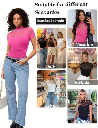 Image of Avidlove Women's Short Sleeve Bodysuit Turtle Neck Body Suits Mesh One Piece Leotard Going Out Tops Date Outfits