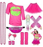 WILDPARTY Jaren 80 verkleedkleding voor dames, I Love 80s T-shirt, tutu-rok, beenwarmers, ketting, visnethandschoenen, oorbellen, jaren 80-kostuum