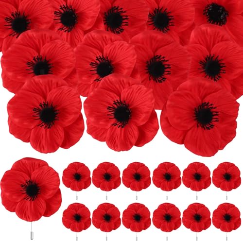 Image of 32 Pcs Memorial Day Red Black Poppy Artificial Flower Brooch Pin Bulk Lest We Forget Fake Flower Head Gifts for Women Men Hero Veteran Remembrance Day